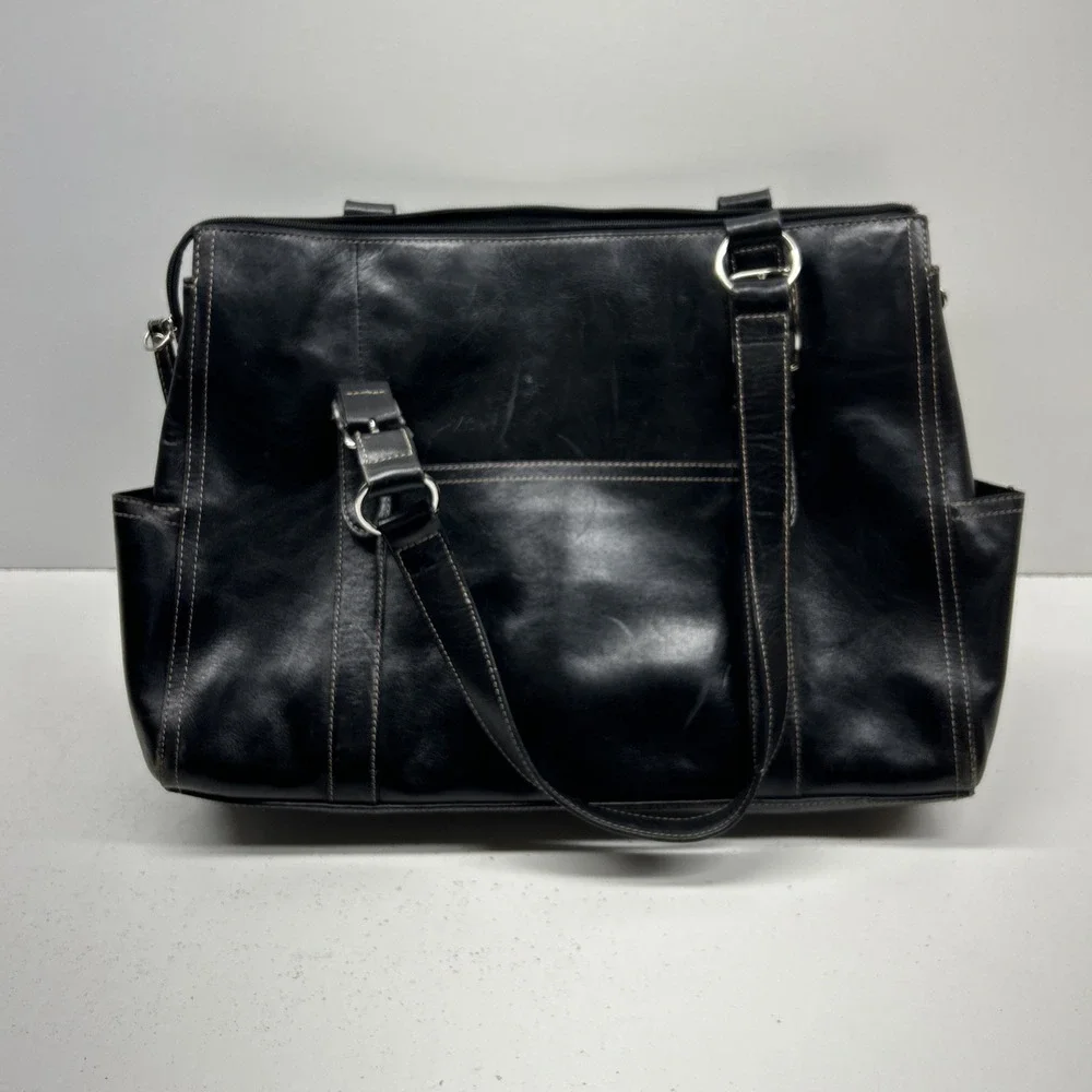 Fossil 1954 Vintage Black Leather Tote Shoulder Bag Purse Satchel Key Charm